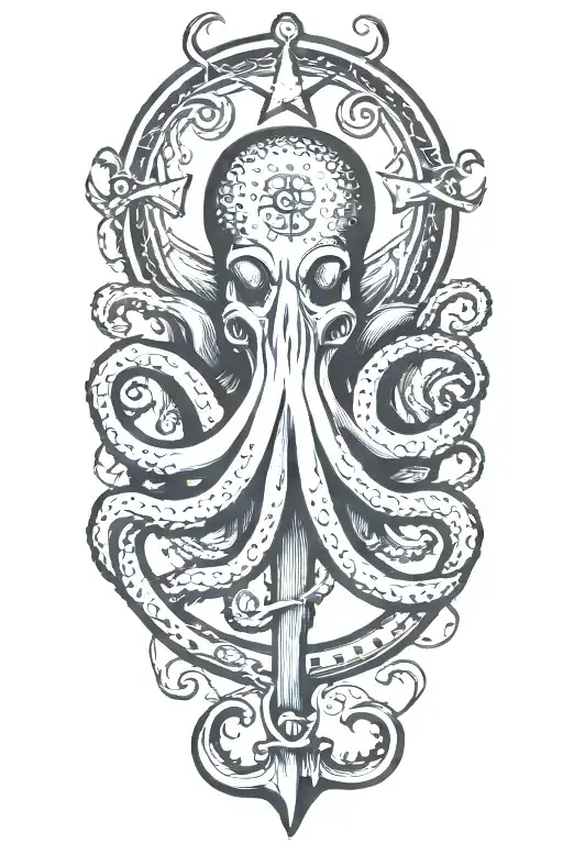 Sailor Jerry style Octopus with tentacles wrapped loosely holding a ship anchor tattoo design idea