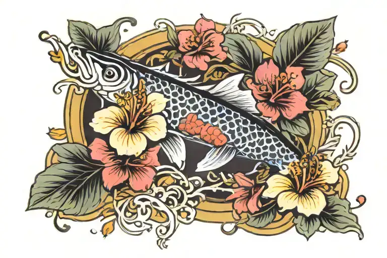 hibiscus, koi fish, Surinam cherry, buttercups  tattoo design idea
