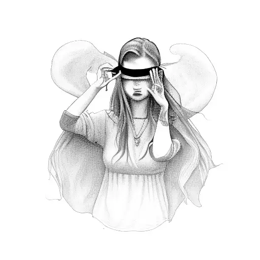 blindfolded girl being kissed by the devil tattoo design idea