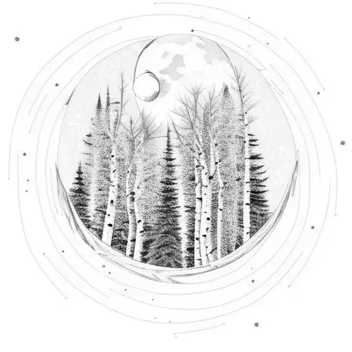 winter night scene with aspens trunks and a moon. emphasis on snow  tattoo design idea