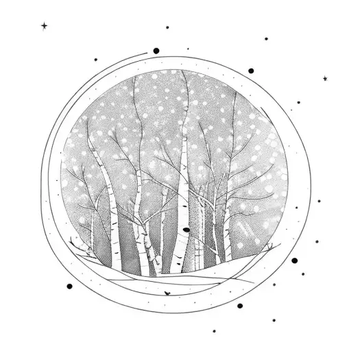winter night scene with aspens trunks and a moon. snow flakes  tattoo design idea