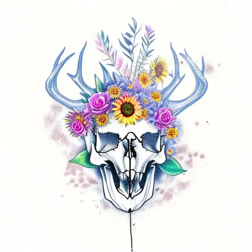 A colorful new-school tattoo featuring a deer skull and a mix of sunflowers, roses and oriental lily tattoo design idea