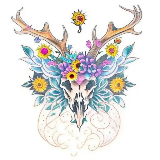 A colorful new-school tattoo featuring a deer skull and a mix of sunflowers, roses and oriental lily tattoo design idea