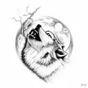 A wolf howling at the moon with lightning bolts striking around it, creating a dramatic black and grey scene tattoo design idea