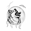 A wolf howling at the moon with lightning bolts striking around it, creating a dramatic black and grey scene tattoo design idea
