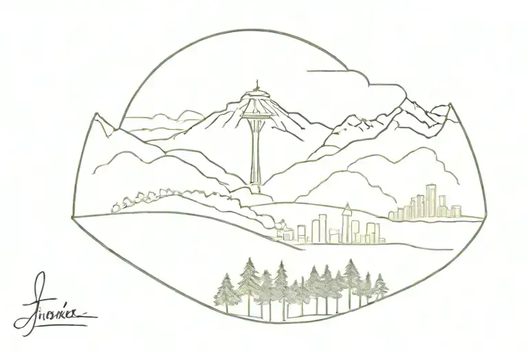 seattle skyline with pine trees and mountains panorama tattoo design idea