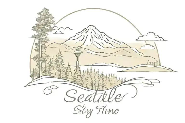 seattle sky line with pine trees and mountains panorama tattoo design idea