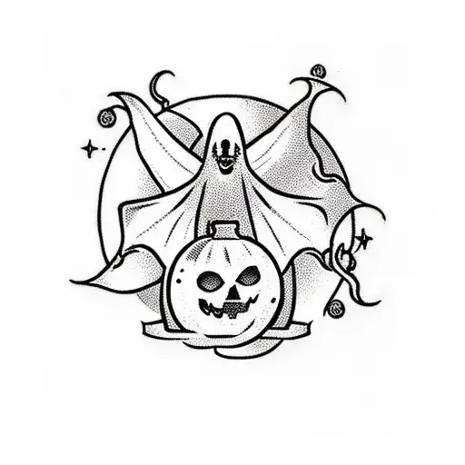 A traditional-style tattoo of a ghost hunting party inside a spaceship surrounded by Halloween-themed planets tattoo design idea