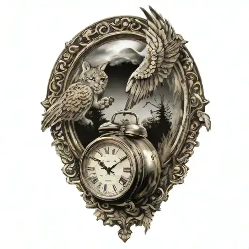 2 clocks with dates angel wings spread bobcat forest frame tattoo design idea