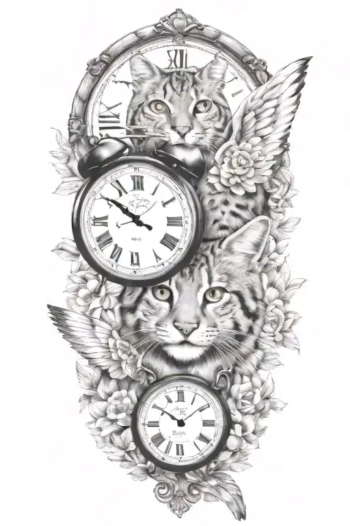 2 clocks with dates wings spread bobcat face tattoo tattoo design idea