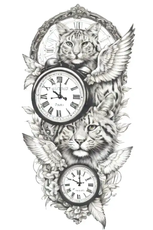 2 clocks with dates wings spread bobcat face tattoo tattoo design idea