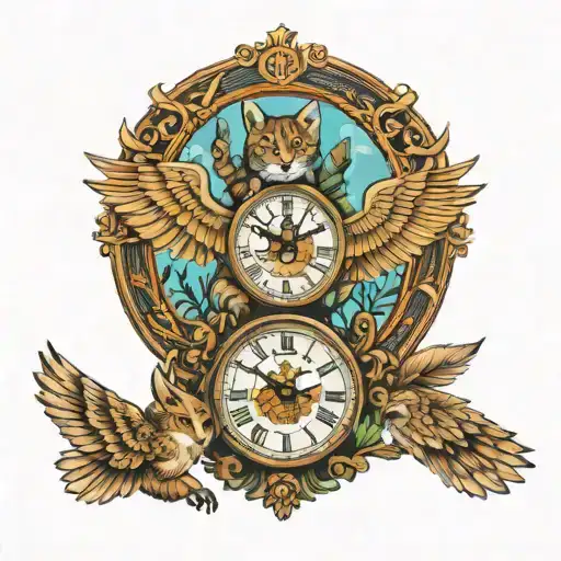 2 clocks with dates wings spread bobcat forest frame tattoo design idea