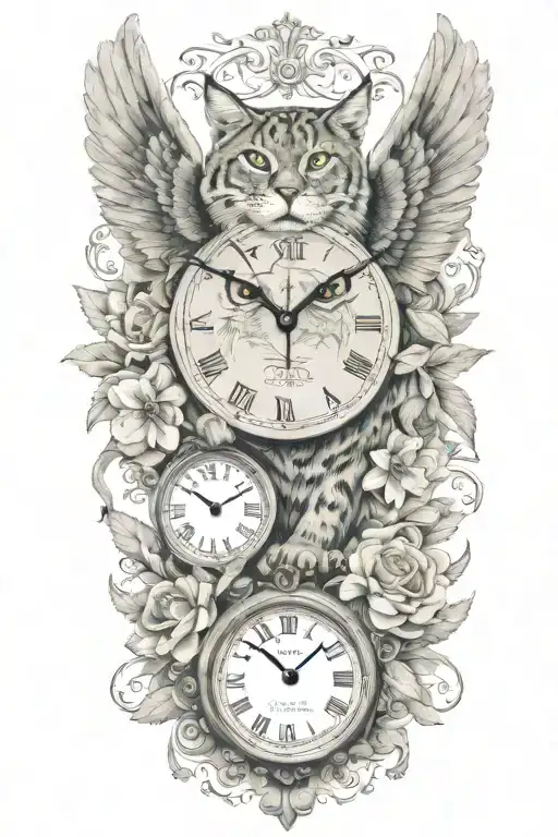 2 clocks with dates wings spread bobcat face tattoo tattoo design idea