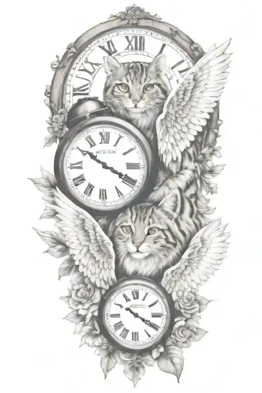 2 clocks with dates angel wings spread bobcat face tattoo tattoo design idea