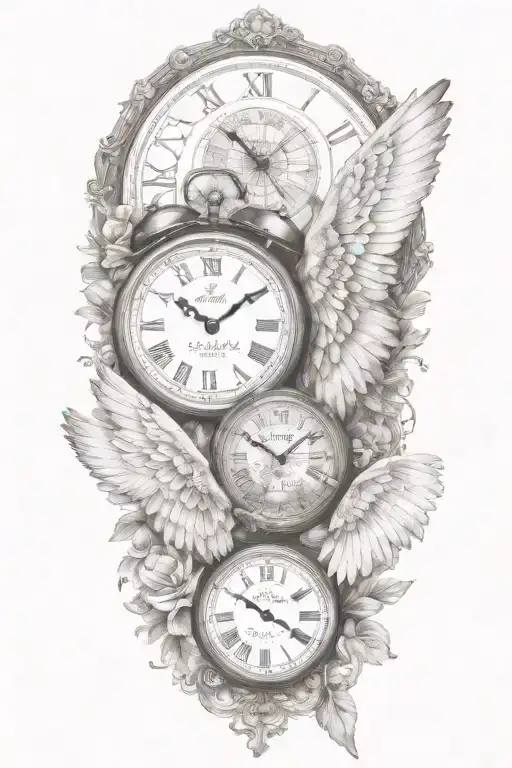 2 clocks with dates angel wings spread bobcat face tattoo tattoo design idea