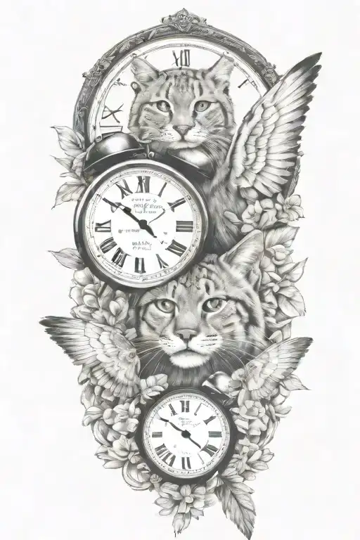 2 clocks with dates wings spread bobcat face tattoo tattoo design idea