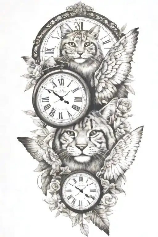 2 clocks with dates wings spread bobcat face tattoo tattoo design idea