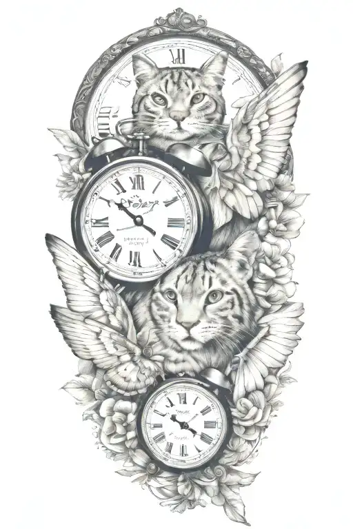 2 clocks with dates wings spread bobcat face tattoo tattoo design idea