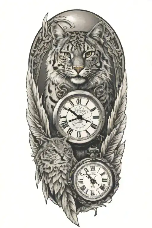 2 clocks with dates wings spread bobcat face tattoo tattoo design idea