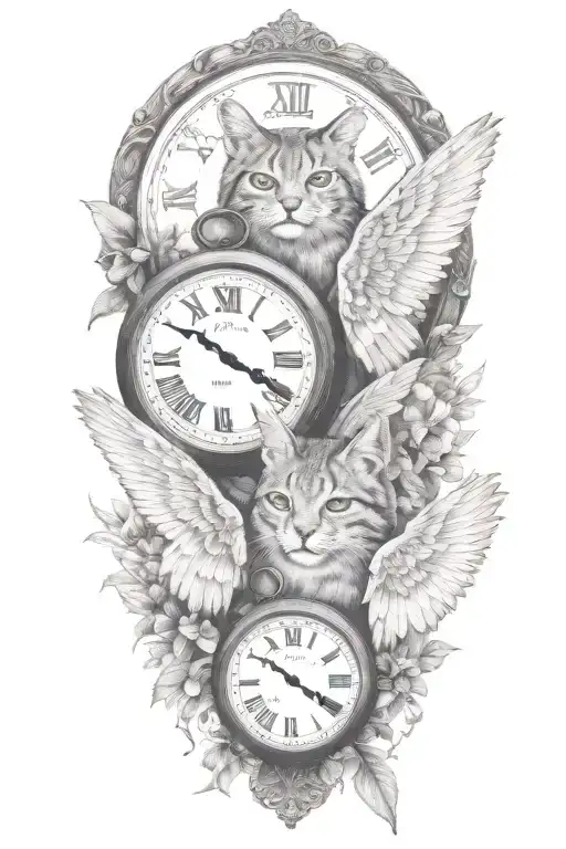 2 clocks with dates angel wings spread bobcat face tattoo tattoo design idea