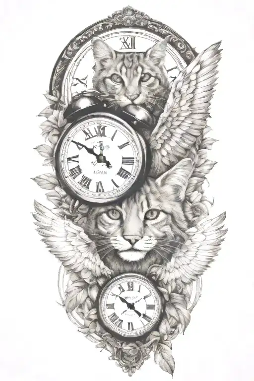 2 clocks with dates angel  wings spread bobcat face tattoo tattoo design idea