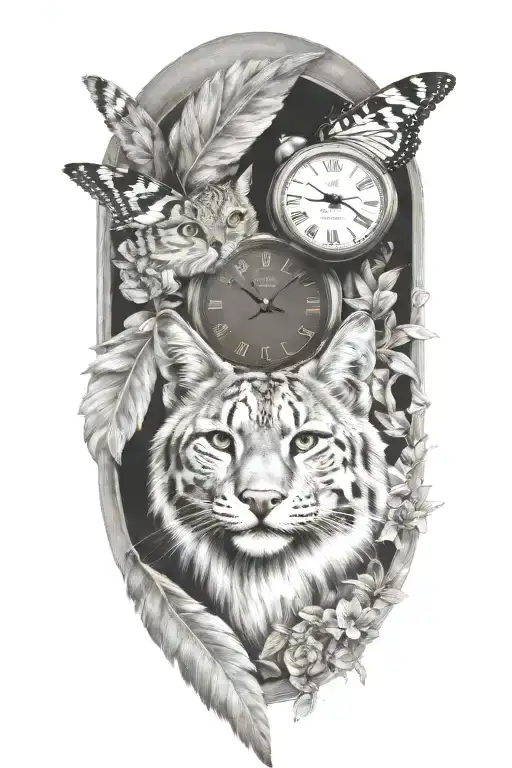 2 clocks with dates wings spread bobcat face inside tattoo design idea