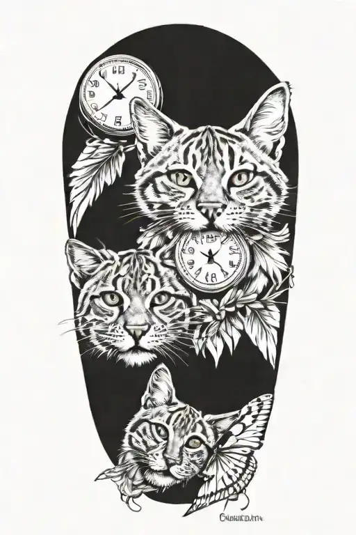 2 clocks with dates wings spread bobcat face tattoo tattoo design idea