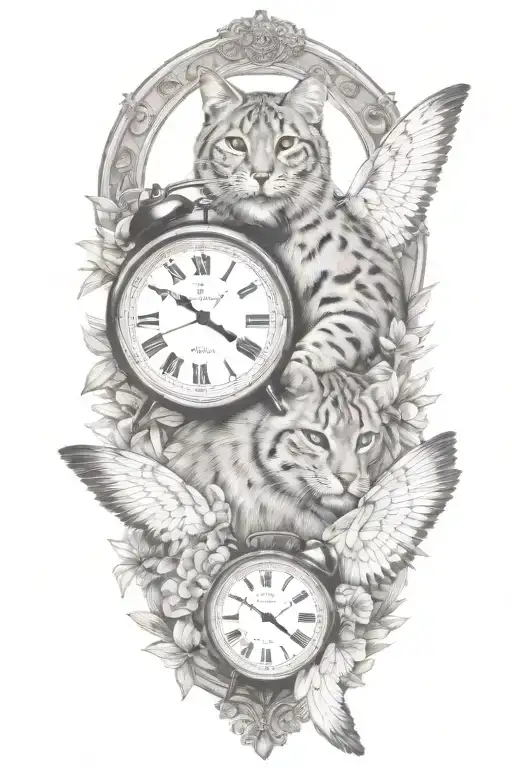 2 clocks with dates wings spread bobcat face tattoo tattoo design idea