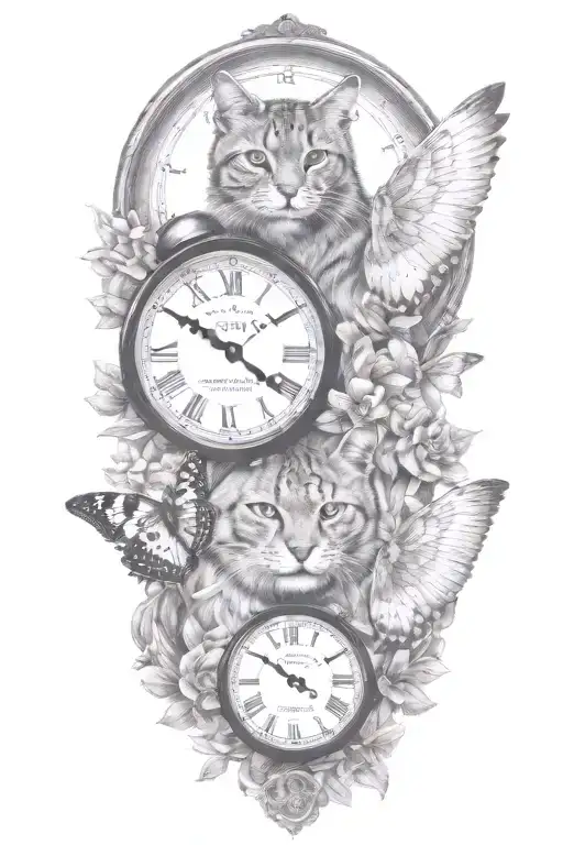 2 clocks with dates wings spread bobcat face tattoo tattoo design idea