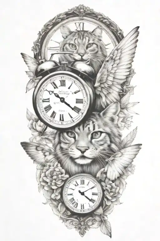 2 clocks with dates wings spread bobcat face tattoo tattoo design idea