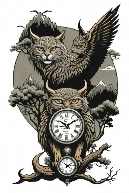 2 clocks wings bobcat full body shaped like trees and mountains tattoo design idea