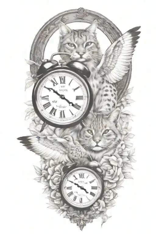2 clocks with dates wings spread bobcat face tattoo tattoo design idea