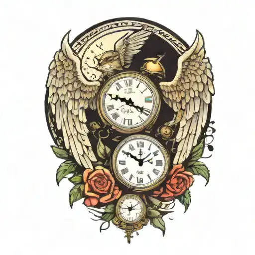 2 clocks with dates angel wings spread bobcat forest frame tattoo design idea