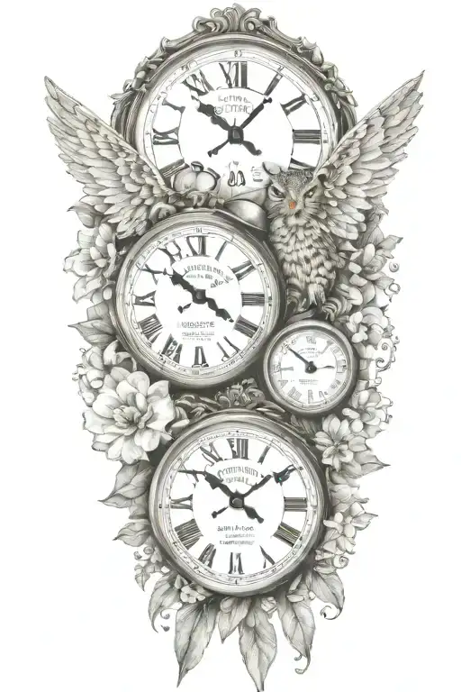 2 clocks with dates angel wings spread bobcat face tattoo tattoo design idea