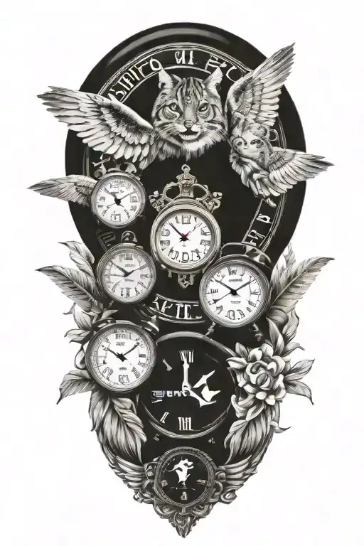 2 clocks with dates wings spread bobcat face incorporated tattoo design idea