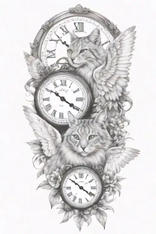 2 clocks with dates angel wings spread bobcat face tattoo tattoo design idea