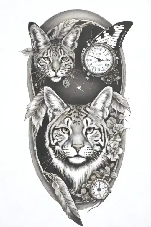 2 clocks with dates wings spread bobcat face inside tattoo design idea