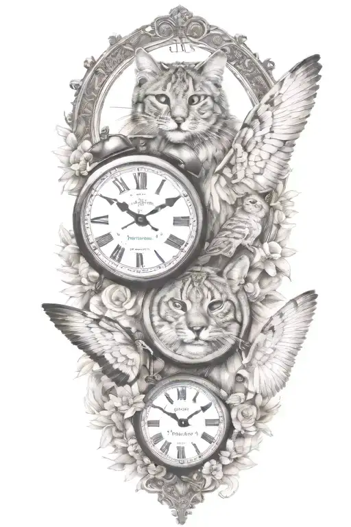 2 clocks with dates wings spread bobcat face tattoo tattoo design idea