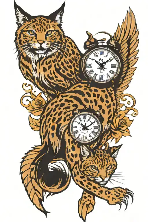 2 clocks wings bobcat full body tattoo design idea