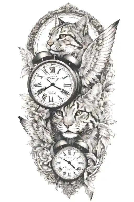 2 clocks with dates wings spread bobcat face tattoo tattoo design idea