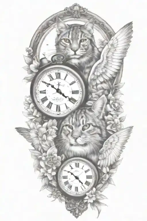 2 clocks with dates wings spread bobcat face tattoo tattoo design idea
