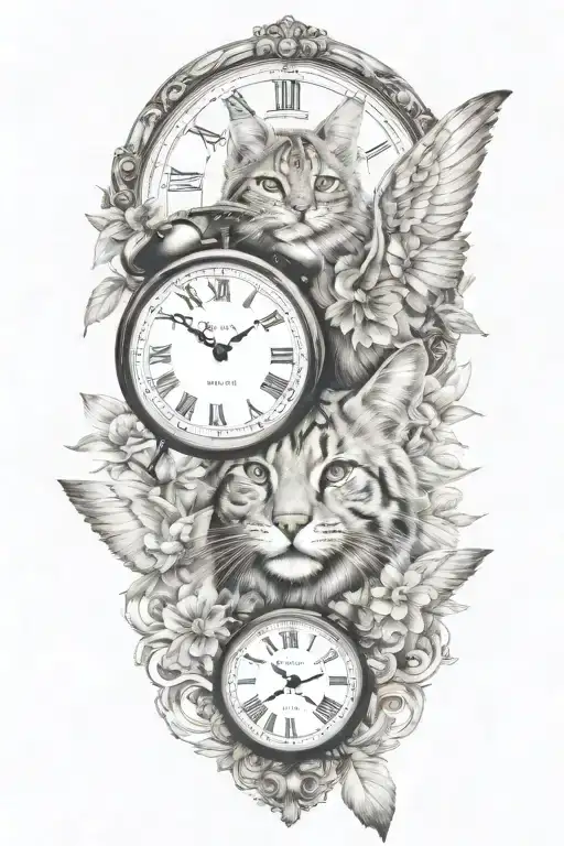 2 clocks with dates wings spread bobcat face tattoo tattoo design idea