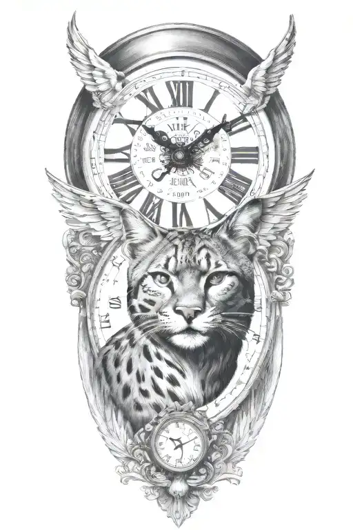 2 clocks with dates wings spread bobcat face tattoo design idea