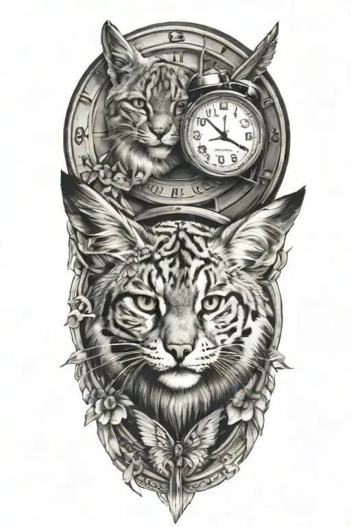 2 clocks with dates wings spread bobcat face inside tattoo design idea