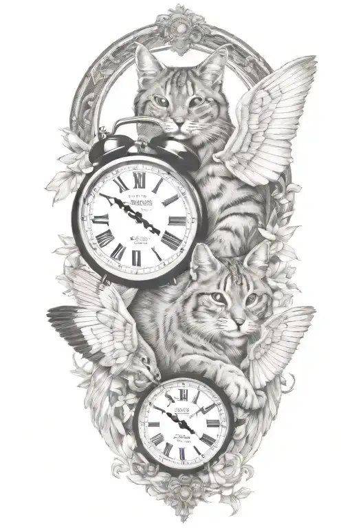 2 clocks with dates wings spread bobcat face tattoo tattoo design idea