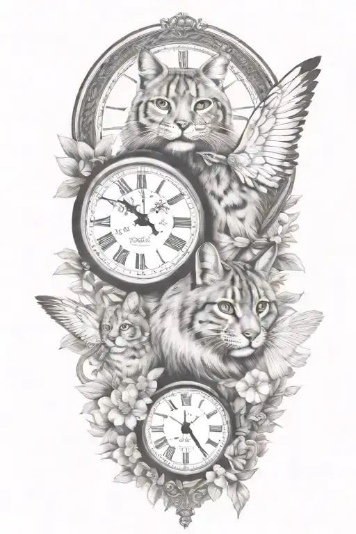 2 clocks with dates wings spread bobcat face tattoo tattoo design idea