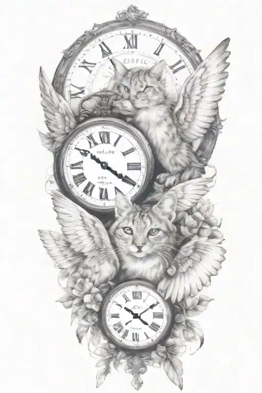 2 clocks with dates angel wings spread bobcat face tattoo tattoo design idea