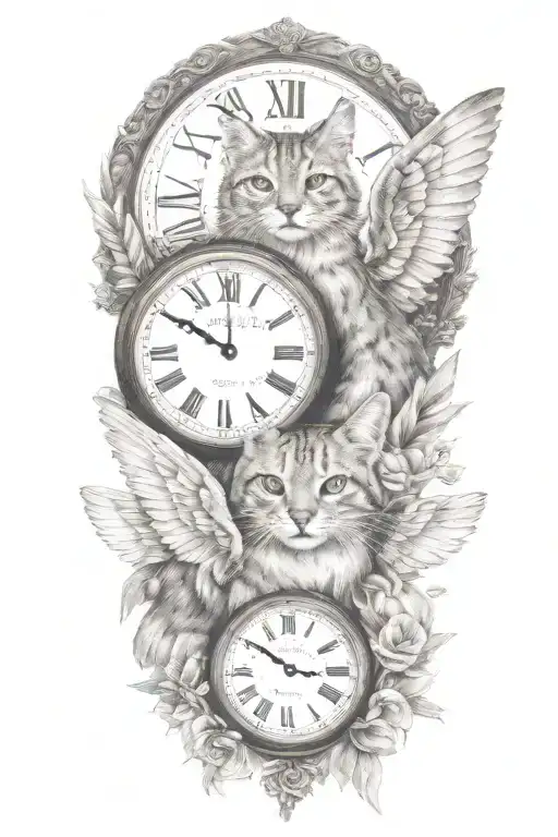 2 clocks with dates angel wings spread bobcat face tattoo tattoo design idea