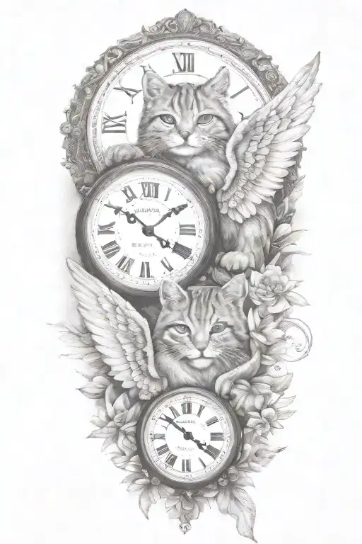 2 clocks with dates angel wings spread bobcat face tattoo tattoo design idea