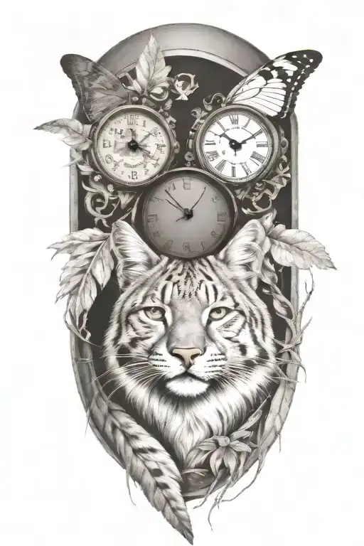 2 clocks with dates wings spread bobcat face inside tattoo design idea